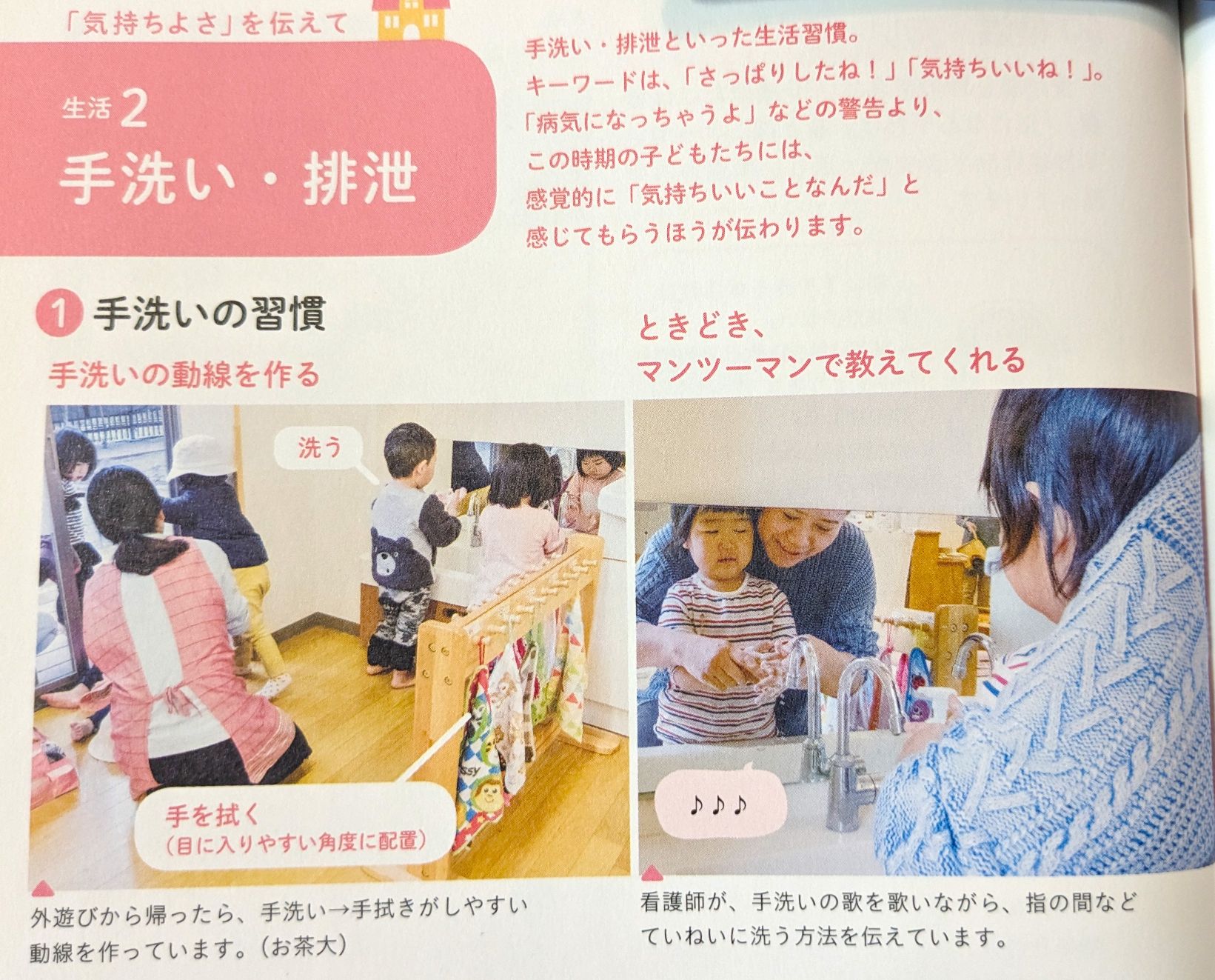 『日本が誇る!ていねいな保育 0・1・2歳児クラスの現場から』の手洗い・排泄のページの引用画像